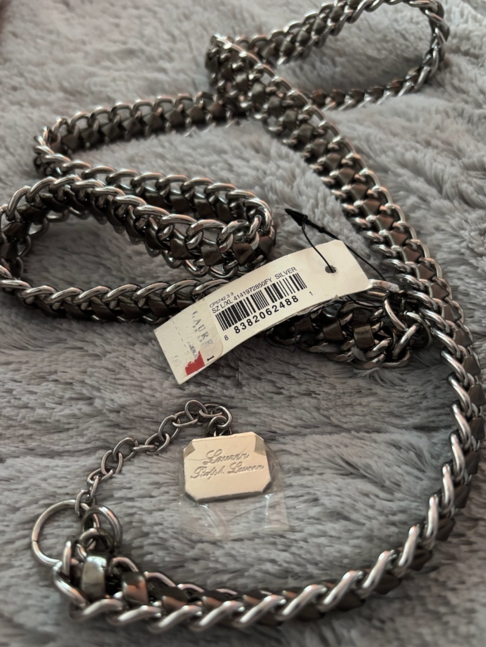 RALPH LAUREN Silver Double Chain Link Logo Charm Belt L/XL
